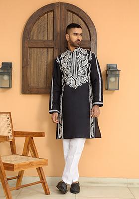 Blue Paisley Print Cotton Silk Kurta For Men
