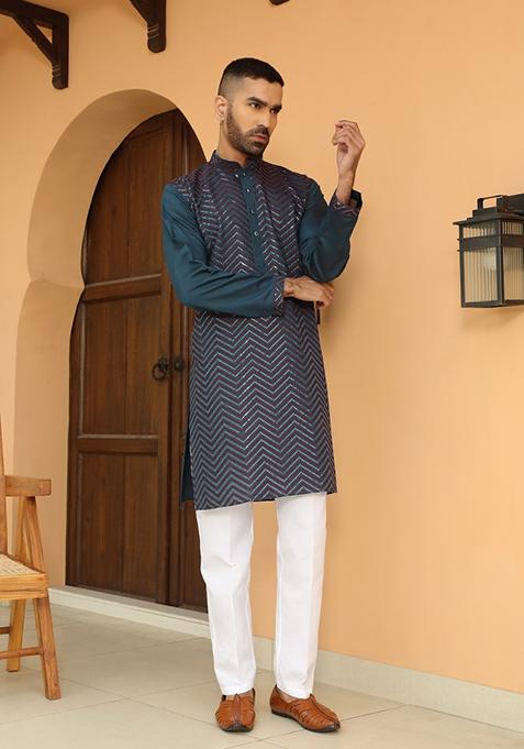 Blue Chevron Cotton Silk Kurta For Men