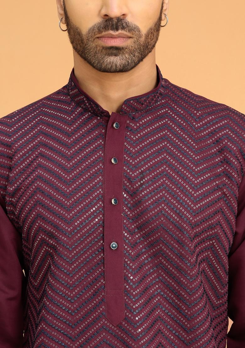 Maroon Chevron Cotton Silk Kurta For Men - Indya