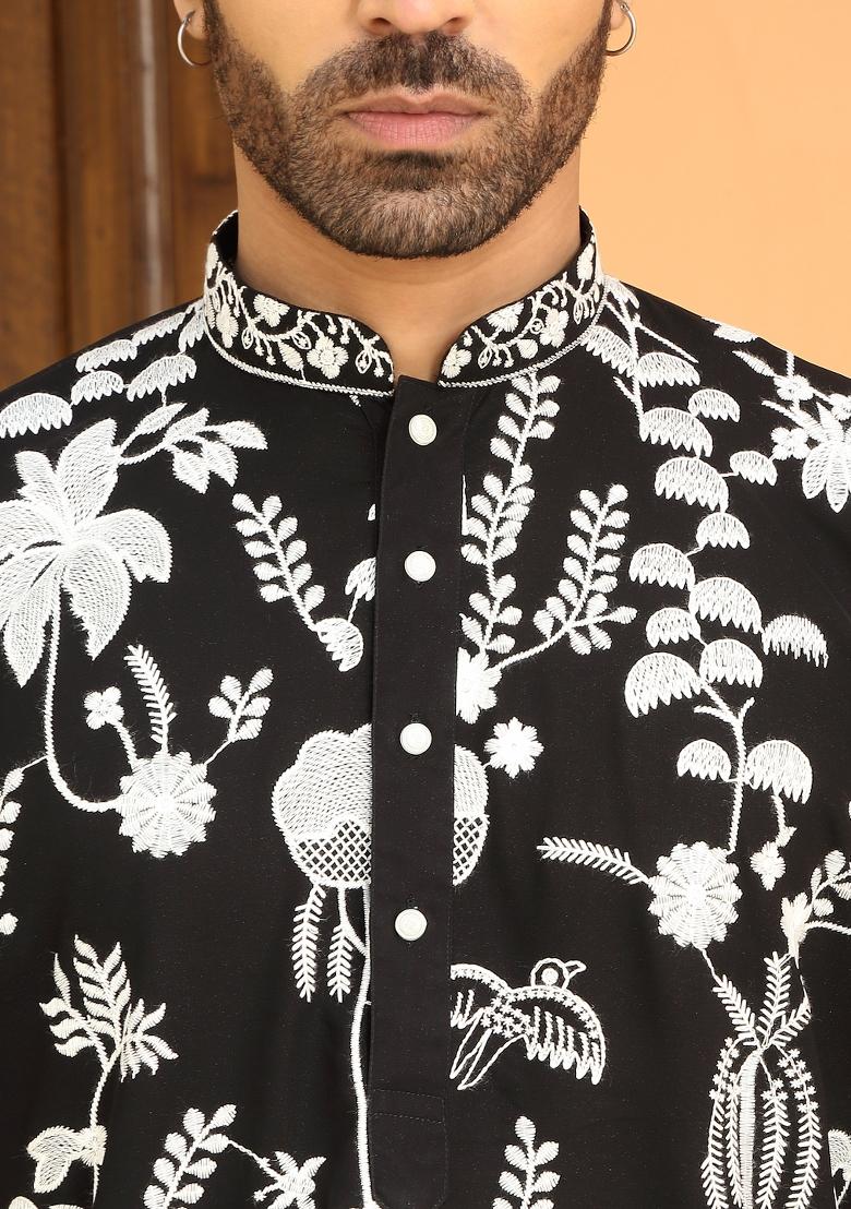 Black Ethnic Motifs Georgette Kurta For Men