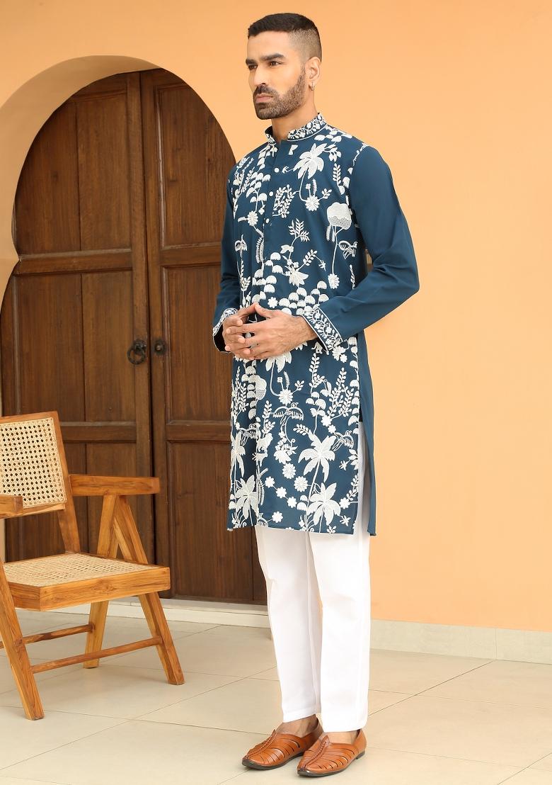 Blue Ethnic Motifs Georgette Kurta For Men - Indya