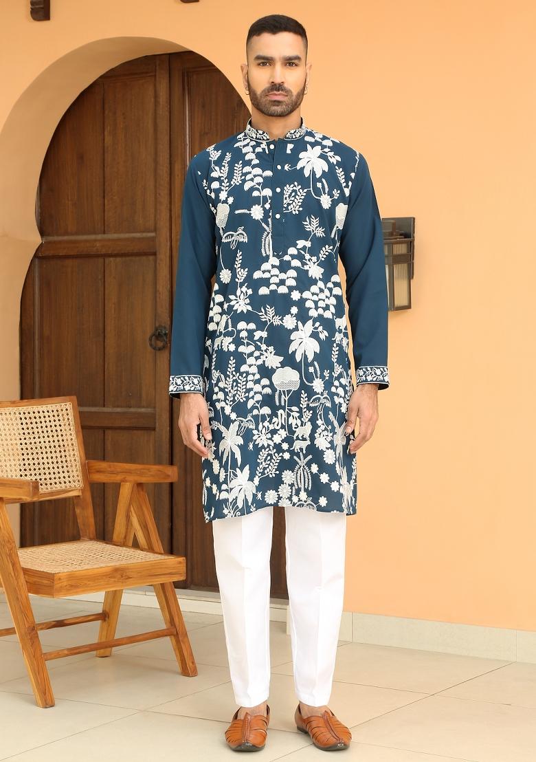 Blue Ethnic Motifs Georgette Kurta For Men - Indya