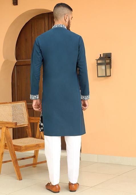 Blue Ethnic Motifs Georgette Kurta For Men