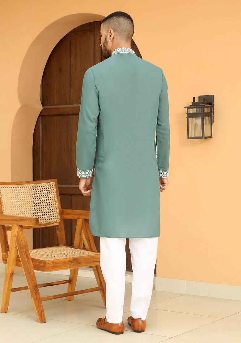 Green Ethnic Motifs Georgette Kurta For Men