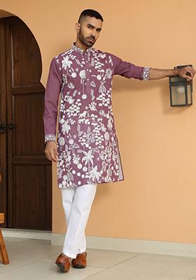 Purple Ethnic Motifs Georgette Kurta For Men