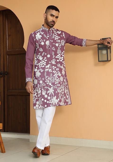Purple Ethnic Motifs Georgette Kurta For Men