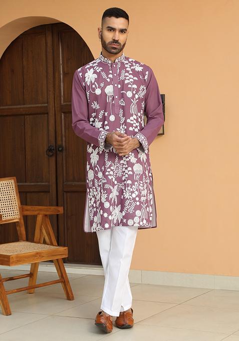 Purple Ethnic Motifs Georgette Kurta For Men