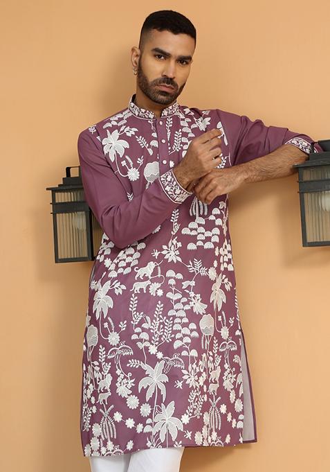 Purple Ethnic Motifs Georgette Kurta For Men