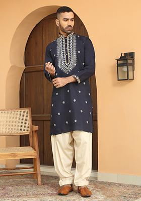 Blue Ethnic Motifs Cotton Silk Kurta For Men