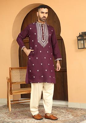 Purple Ethnic Motifs Cotton Silk Kurta For Men