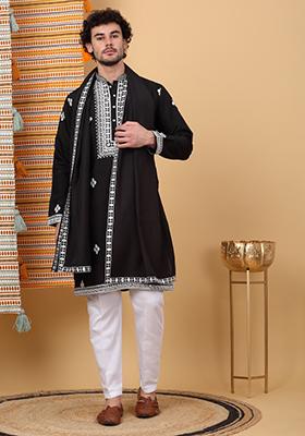 Black Embroidered Cotton Silk Kurta Set For Men