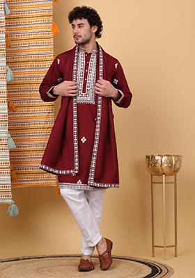 Maroon Embroidered Cotton Silk Kurta Set For Men