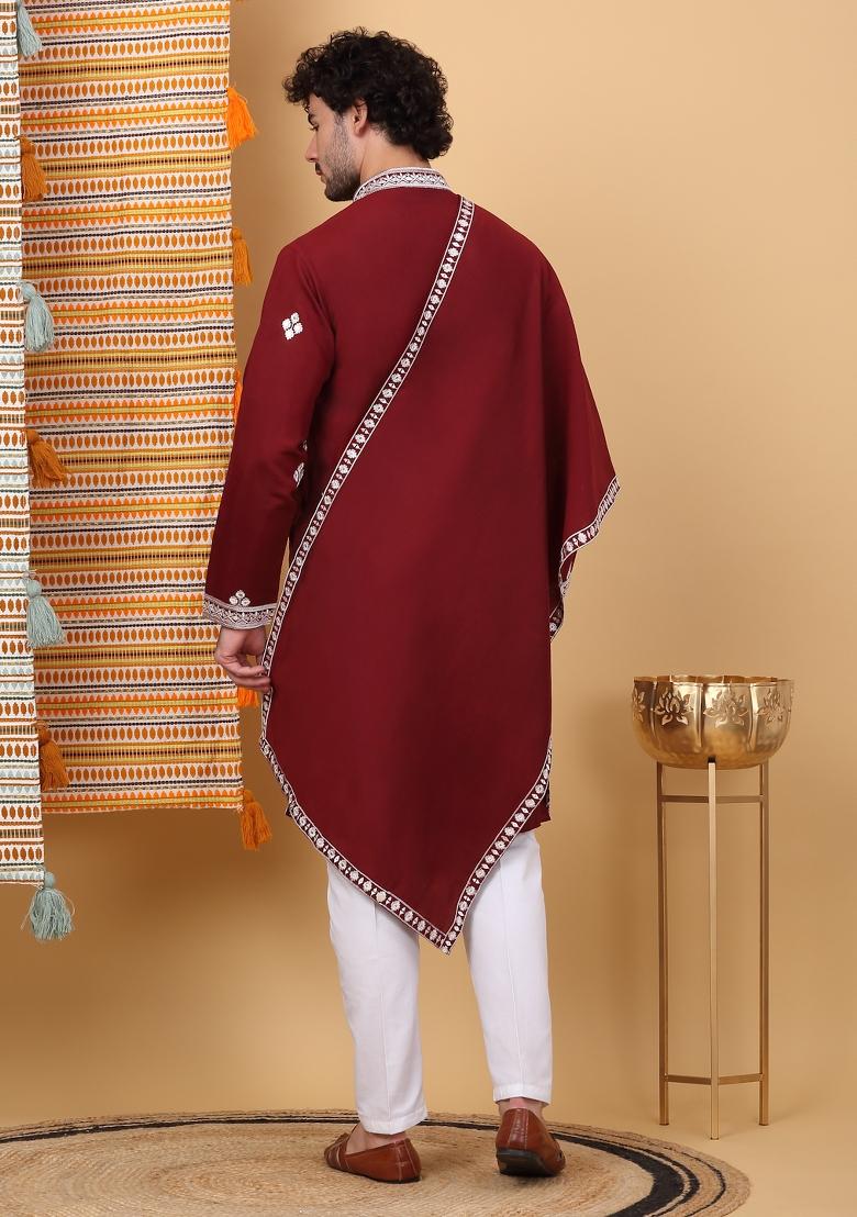 Maroon Embroidered Cotton Silk Kurta Set For Men