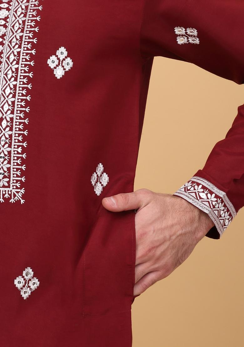 Maroon Embroidered Cotton Silk Kurta Set For Men