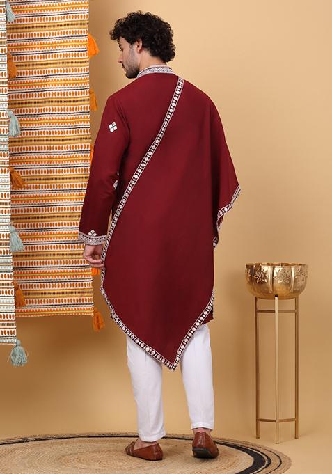 Maroon Embroidered Cotton Silk Kurta Set For Men
