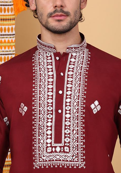 Maroon Embroidered Cotton Silk Kurta Set For Men