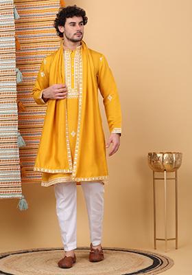 Yellow Embroidered Cotton Silk Kurta Set For Men