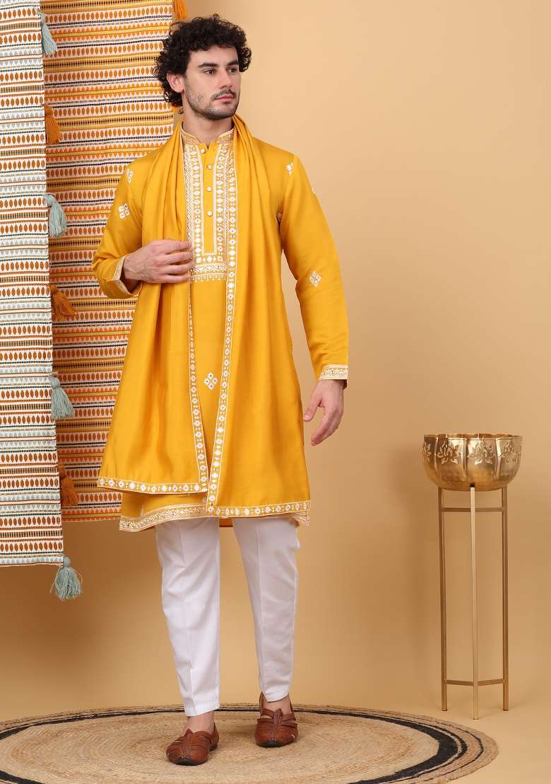Yellow Embroidered Cotton Silk Blend Kurta Set For Men - Indya
