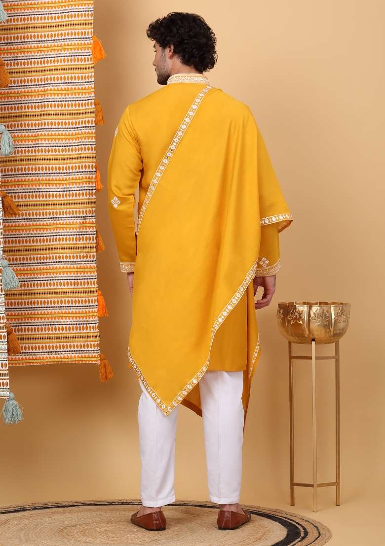 Yellow Embroidered Cotton Silk Blend Kurta Set For Men - Indya