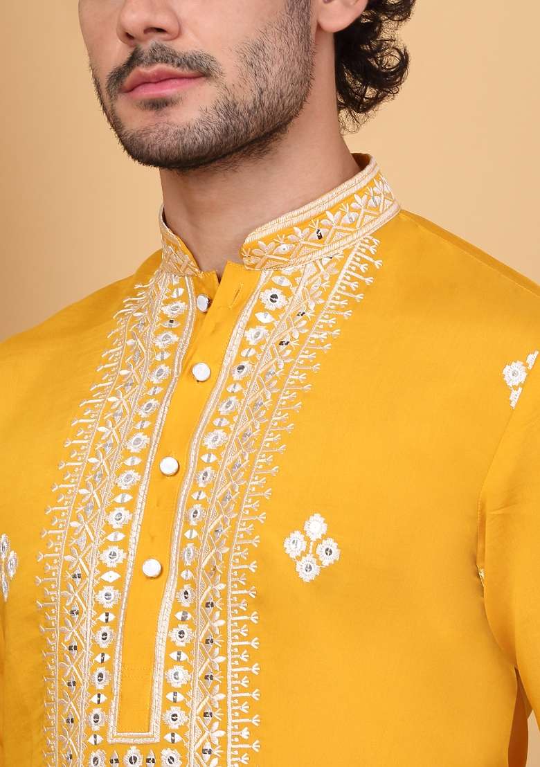 Yellow Embroidered Cotton Silk Blend Kurta Set For Men - Indya