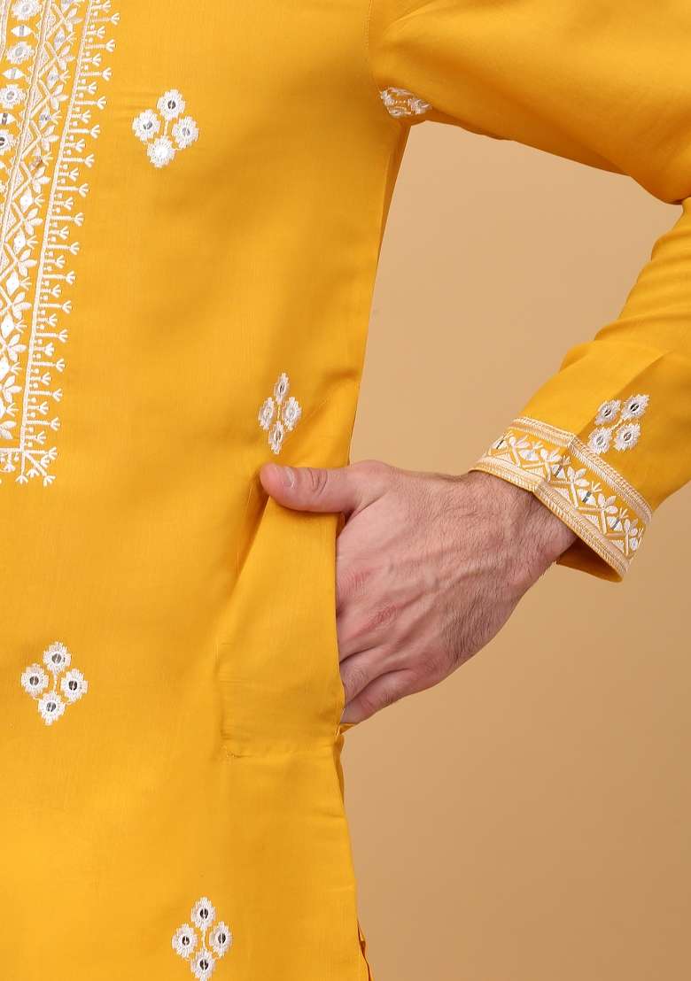 Yellow Embroidered Cotton Silk Blend Kurta Set For Men - Indya
