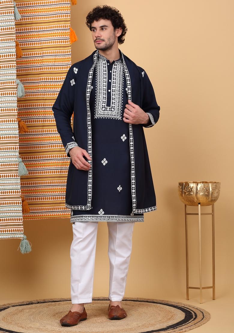 Navy Blue Embroidered Cotton Silk Kurta Set For Men