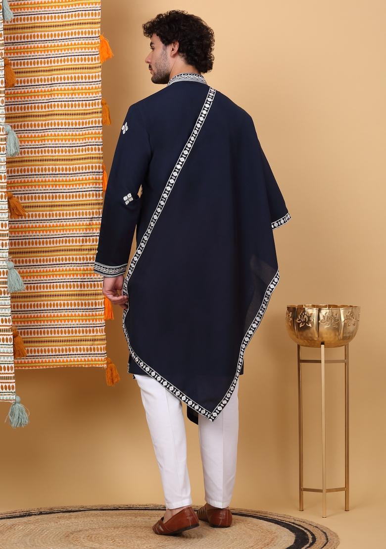 Navy Blue Embroidered Cotton Silk Kurta Set For Men
