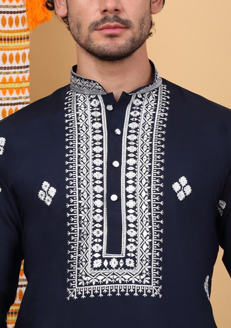 Navy Blue Embroidered Cotton Silk Kurta Set For Men