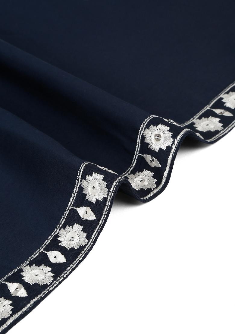 Navy Blue Embroidered Cotton Silk Kurta Set For Men - Indya