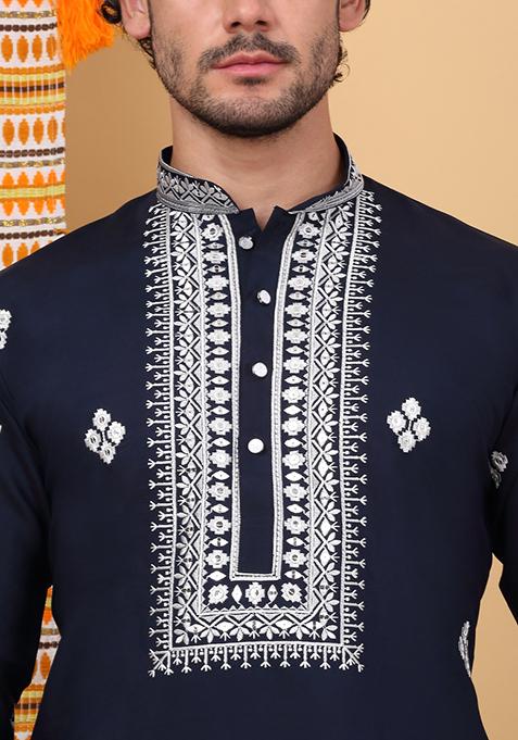 Navy Blue Embroidered Cotton Silk Kurta Set For Men
