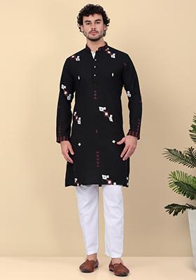 Black Embroidered Linen Kurta Set For Men