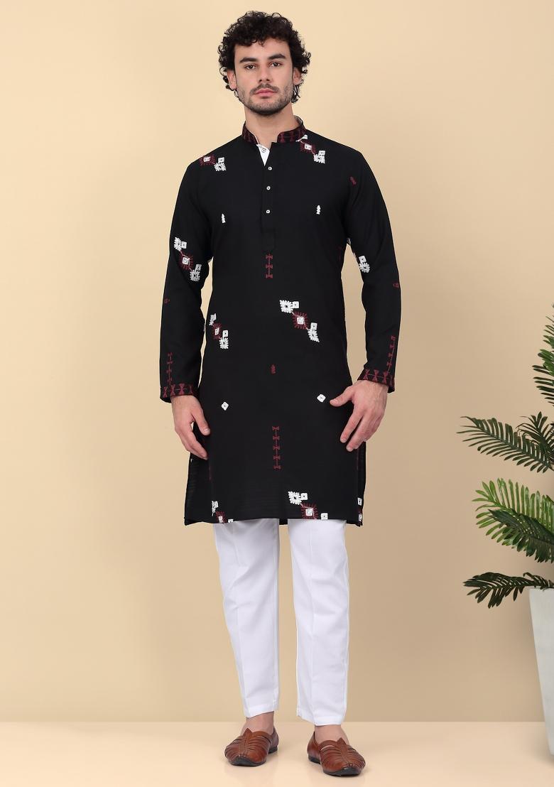 Black Embroidered Linen Kurta Set For Men
