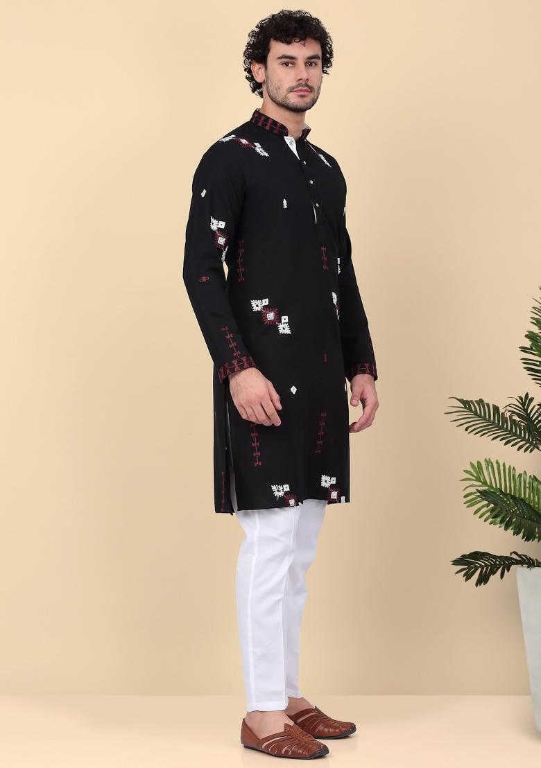 Black Embroidered Linen Kurta Set For Men