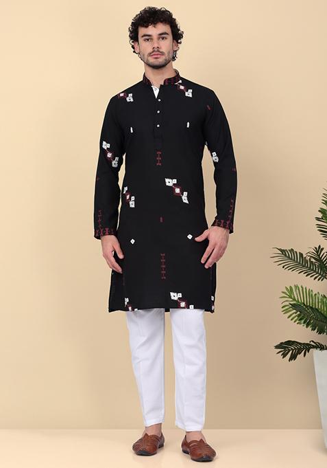 Black Embroidered Linen Kurta Set For Men