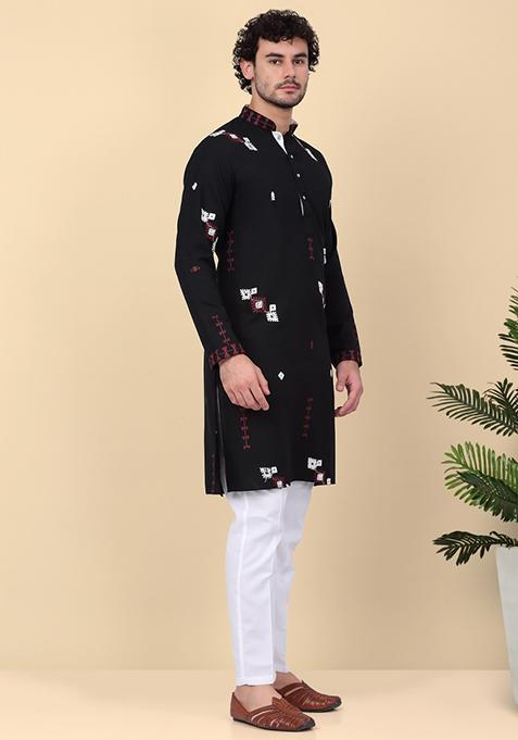 Black Embroidered Linen Kurta Set For Men