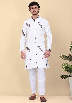 White Embroidered Linen Kurta Set For Men