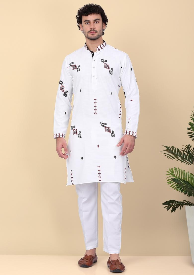 White Embroidered Linen Kurta Set For Men