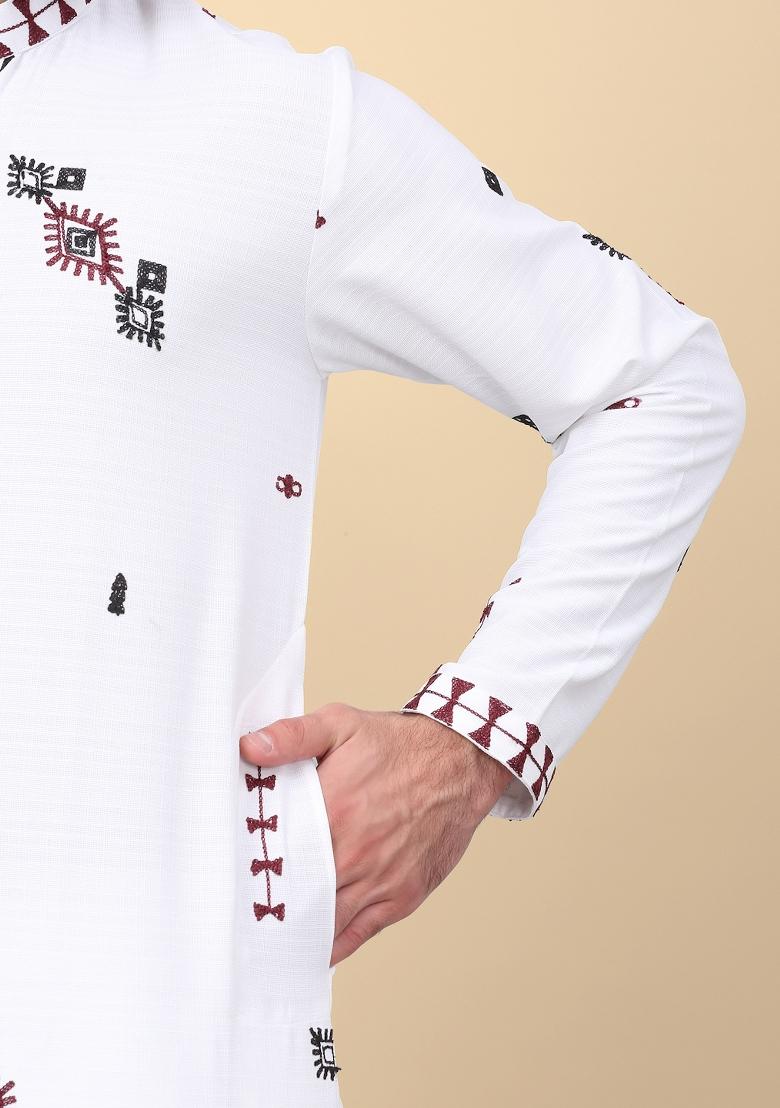 White Embroidered Linen Kurta Set For Men