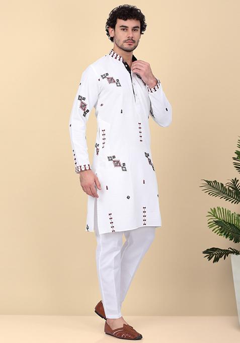 White Embroidered Linen Kurta Set For Men
