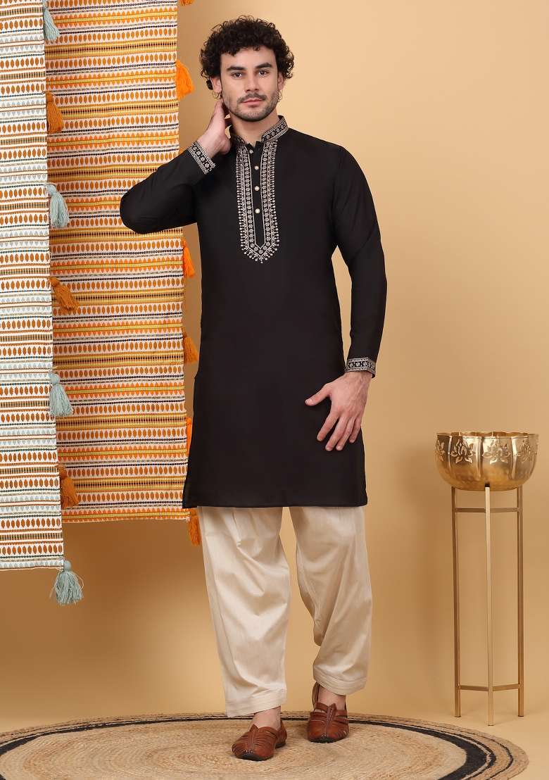 Black Yoke Design Cotton Silk Blend Kurta Set For Men - Indya