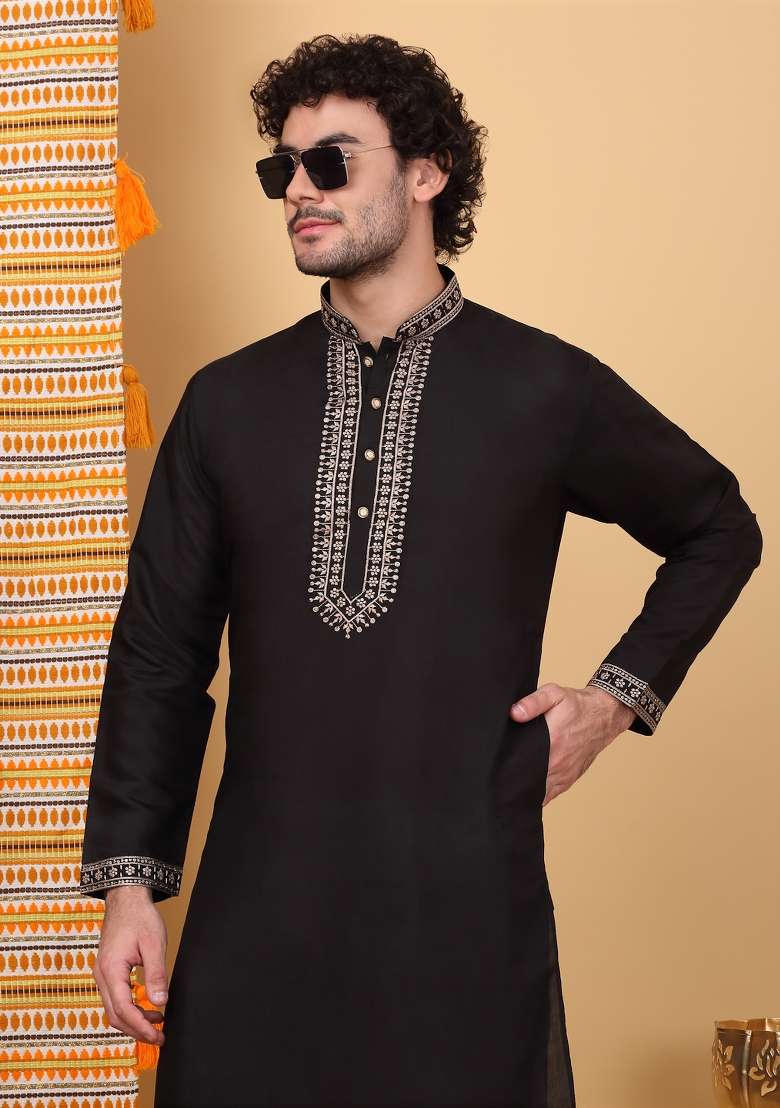 Black Yoke Design Cotton Silk Blend Kurta Set For Men - Indya