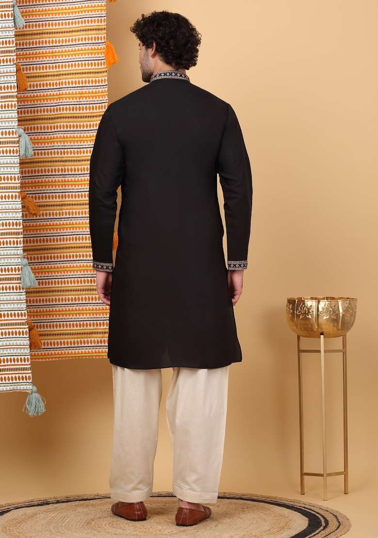 Black Yoke Design Cotton Silk Blend Kurta Set For Men - Indya