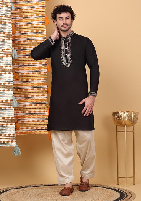 Black Yoke Design Cotton Silk Kurta Set For Men