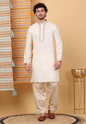 Cream Yoke Design Cotton Silk Kurta Set For Men
