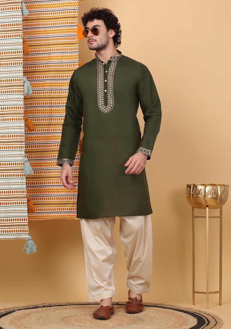 Green Yoke Design Cotton Silk Kurta Set For Men