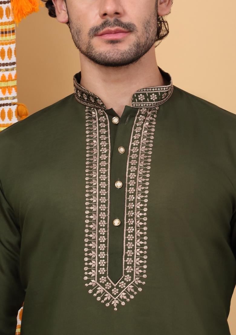 Green Yoke Design Cotton Silk Kurta Set For Men