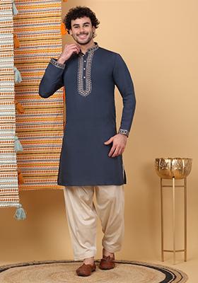 Navy Blue Yoke Design Cotton Silk Kurta Set For Men