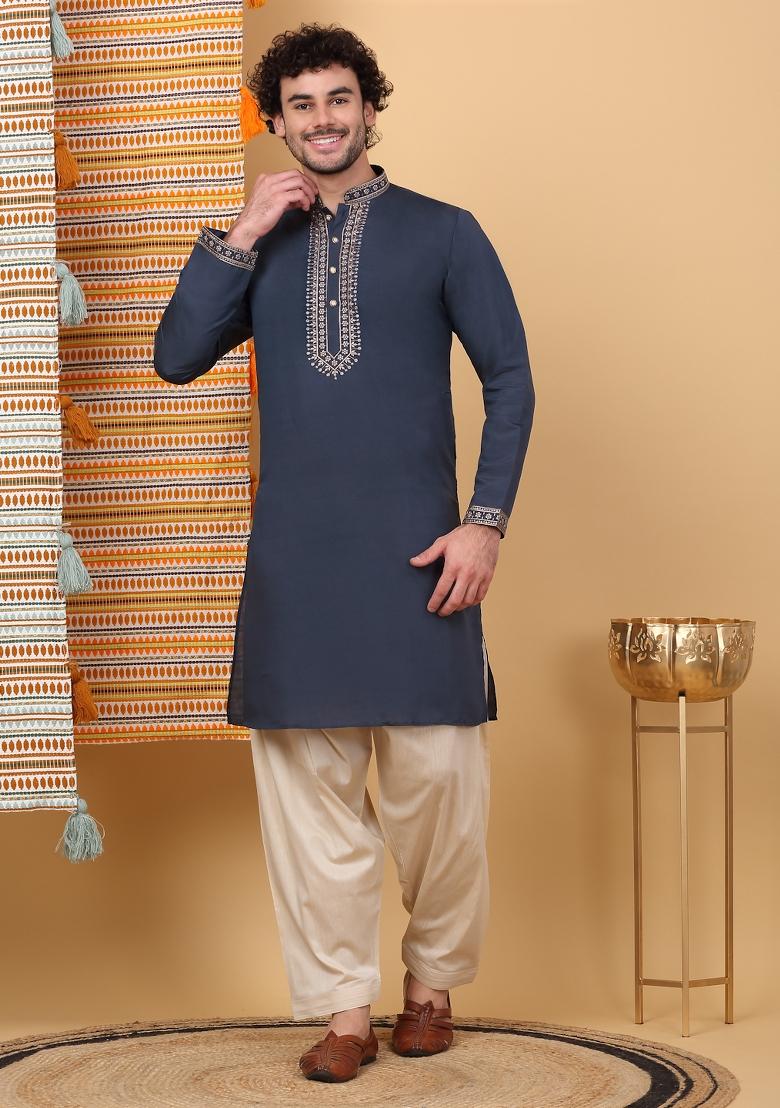 Navy Blue Yoke Design Cotton Silk Kurta Set For Men