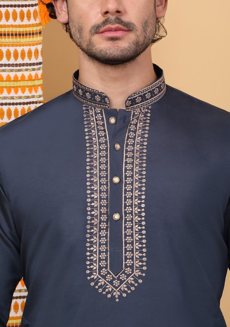 Navy Blue Yoke Design Cotton Silk Kurta Set For Men
