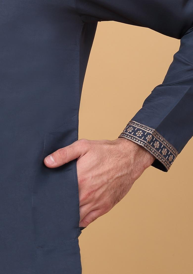 Navy Blue Yoke Design Cotton Silk Kurta Set For Men
